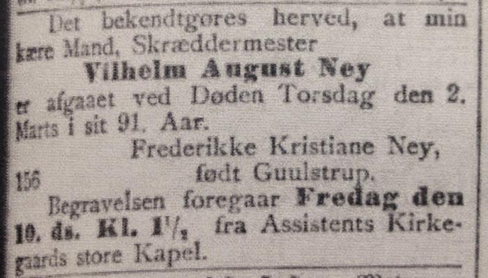 Dødsannonce for Wilhelm August Ney 1905